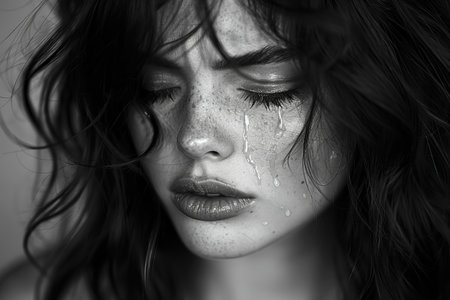 Black and white portrait of a beautiful woman with wet hair and makeupの写真素材