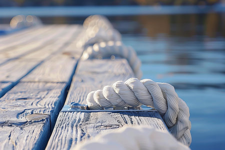 White rope on a wooden pier on a sunny day close-upの写真素材