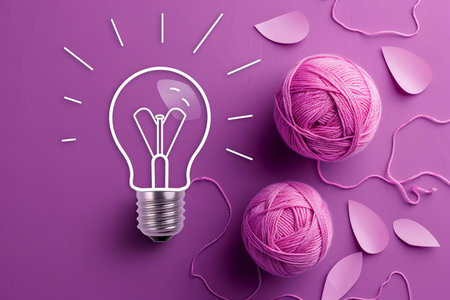 Light bulb and balls of yarn on purple background. Creativity concept