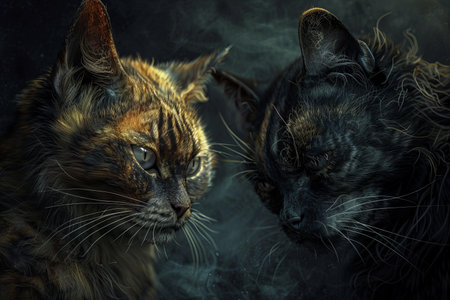 Two cats in smoke on a dark background. Portrait of a cat.の写真素材