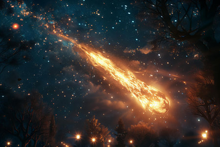 Fiery explosion in the night sky.の写真素材