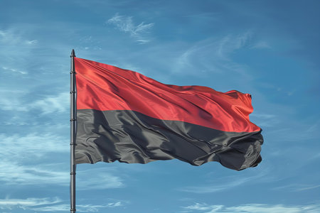 National flag of Belarus on a flagpole in front of blue skyの写真素材