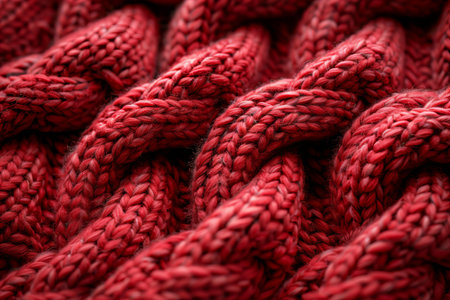 Red knitted wool as a background. Close-up image.
