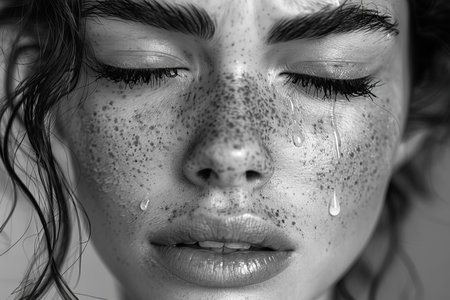 Black and white portrait of a beautiful young woman with tears on her face