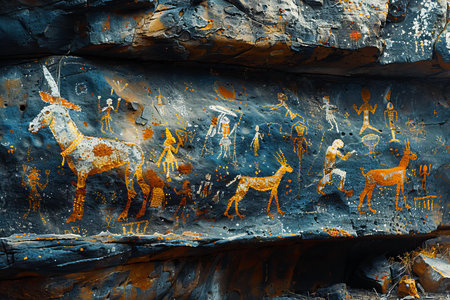 Ancient stone paintings on the wall of a cave in the mountains.の写真素材