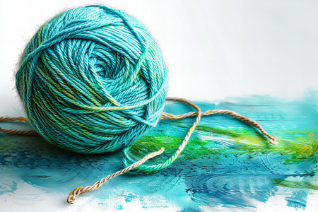 yarn ball on a blue background with water reflection