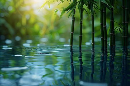 Bamboo forest with reflection in the water. Nature background with copy space.