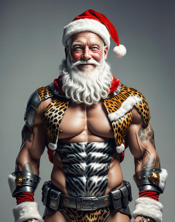 Fashion shot of a brutal santa claus. Studio shot over grey background.の写真素材