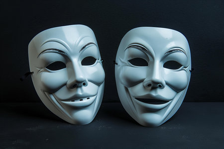 Masks with the theatre concept. Black background. Studio shot.の写真素材