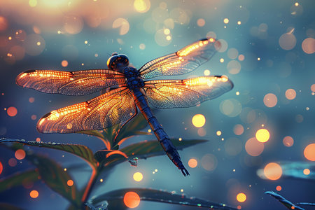 Beautiful dragonfly on a background of bokeh lights.の写真素材