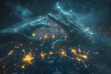Hands reaching out to each other from space. 3D rendering