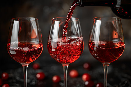 Pouring red wine into wine glasses on dark background, closeupの写真素材
