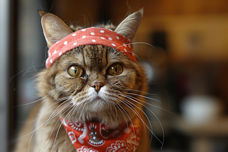 Portrait of a beautiful tabby cat wearing a red bandana
