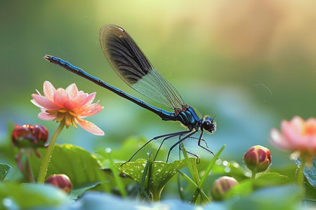 Blue damselfly (Calopteryx splendens) on a lotus flower