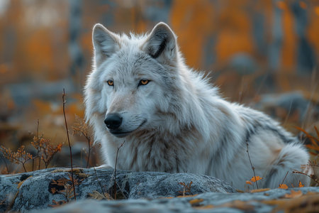 White wolf in the autumn forest. Portrait of a wild animal.の写真素材