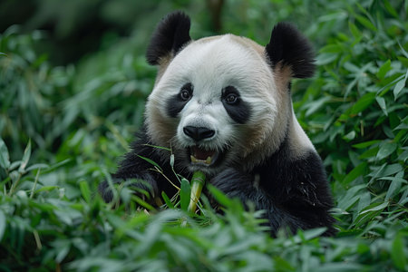 Giant panda eating bamboo leaf in the jungle, Chengdu, Chinaの写真素材