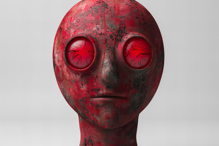 3D rendering of a red alien with blood cells on his faceの写真素材