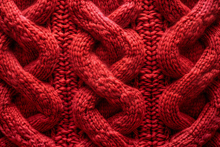 Red knitted fabric as a background. Close-up. Textureの写真素材