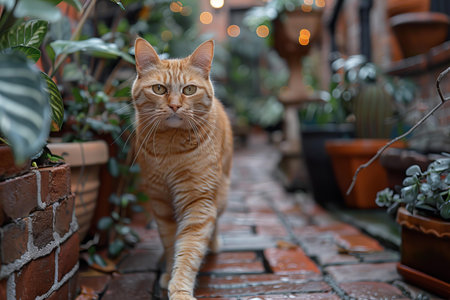 Cute ginger cat sitting on the brick floor with flower pot.