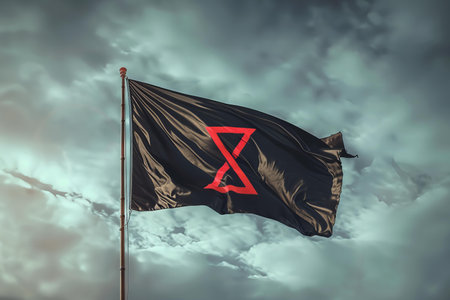 Black Flag of the Russian Federation on a dark cloudy sky background.の写真素材