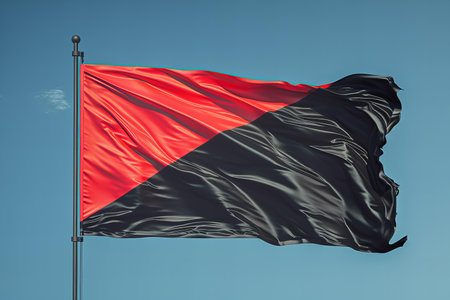 Black and red flag waving in the blue skyの写真素材