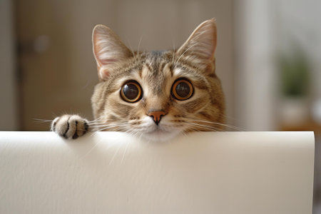 Cute tabby cat peeking out from behind a blank boardの写真素材
