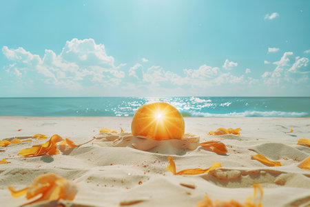 Orange ball on the sand with sea and blue sky background. Summer concept.の写真素材