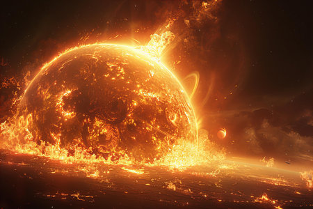 Burning planet in space. 3D illustration. Elements of this image furnished by NASAの写真素材