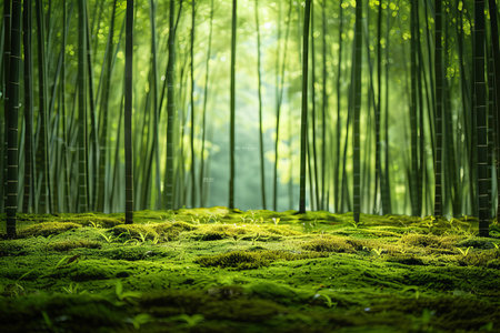 Bamboo forest with green moss in the morning, nature background.の写真素材