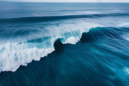 Aerial view of ocean wave with white foam and blue water.