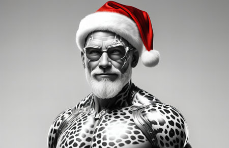 Portrait of an old man in a leopard suit and Santa Claus hat.の写真素材