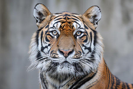 Portrait of a tiger on a gray background. Close-up.の写真素材
