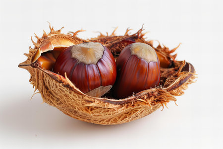 Chestnuts in a shell on a white background. Close-up.