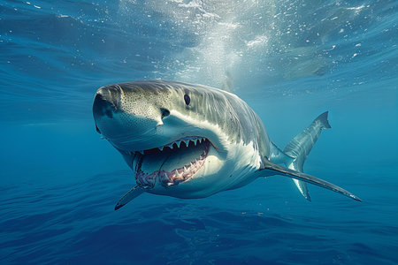 Great White Shark (Carcharodon carcharias) in the blue ocean