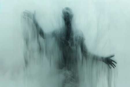 Digital composite of Scary man in foggy room with light effects