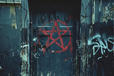 Graffiti on the door of an old abandoned building in Berlin, Germanyの写真素材