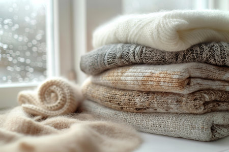 Stack of knitted sweaters on windowsill, closeup. Winter clothes