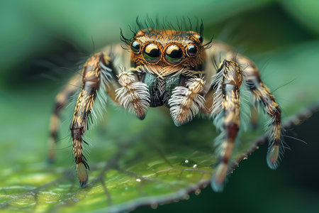 jumping spider on green leaf in nature or in the garden.