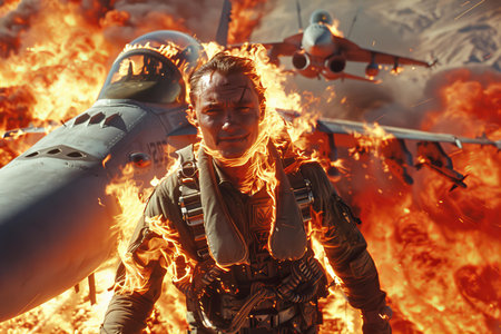 Portrait of a young man in a military uniform on the background of a military airplane.