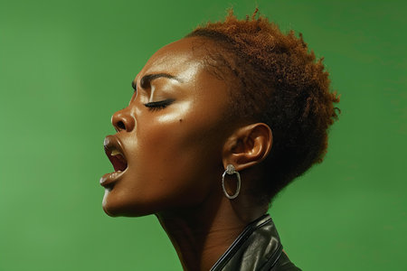 Beautiful african american woman in leather jacket on green background