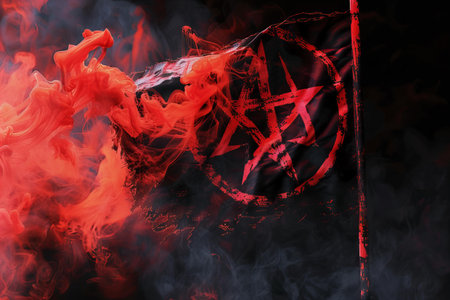 Red smoke on a black background with a symbol of peace and the flag of Ukraine