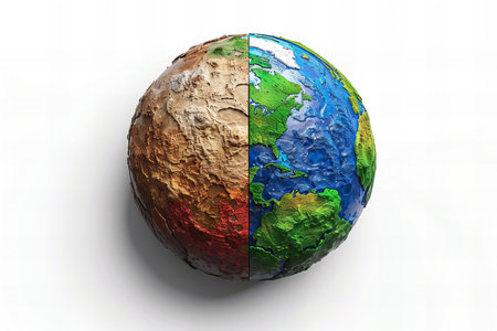 3D render of Earth with continents and oceans divided into continents.