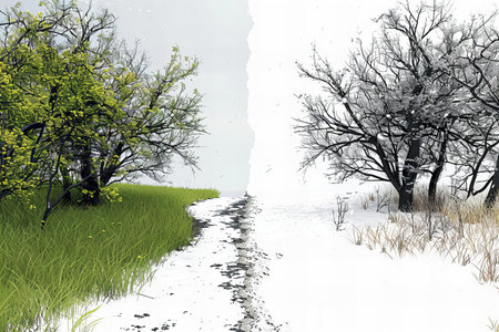 snowy landscape with trees and grass in the foreground, digital painting