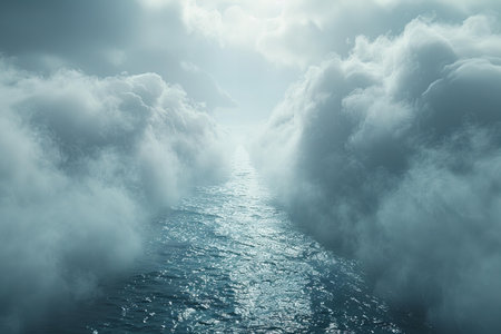 Foggy ocean with stormy clouds. 3D Rendering