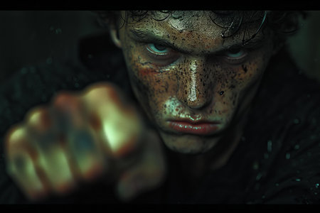 Portrait of a dangerous gothic warrior with blood on his face