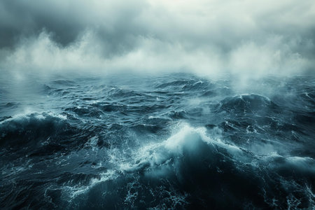 Stormy sea with stormy waves. Nature background. Toned.