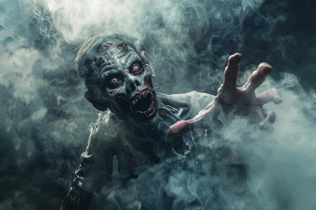 Scary zombie man in the smoke. Halloween. Horror film.
