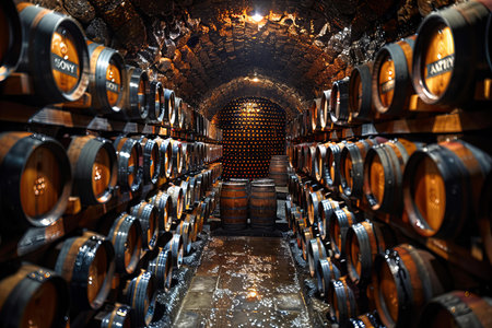 Wine barrels stacked in the cellar of the winery, Tuscany, Italy