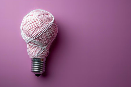 Light bulb with yarn ball on purple background. Creative idea concept.
