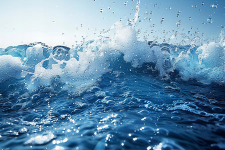 Blue ocean wave with splashes and drops of water. 3d rendering